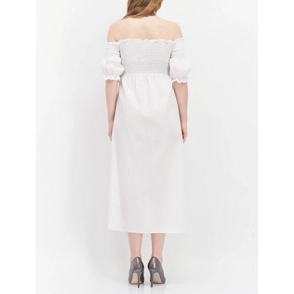 Ava + Esme Women's Sz 8 White Off The Shoulder Puff Sleeve Shirred Maxi Dress - Picture 9 of 10